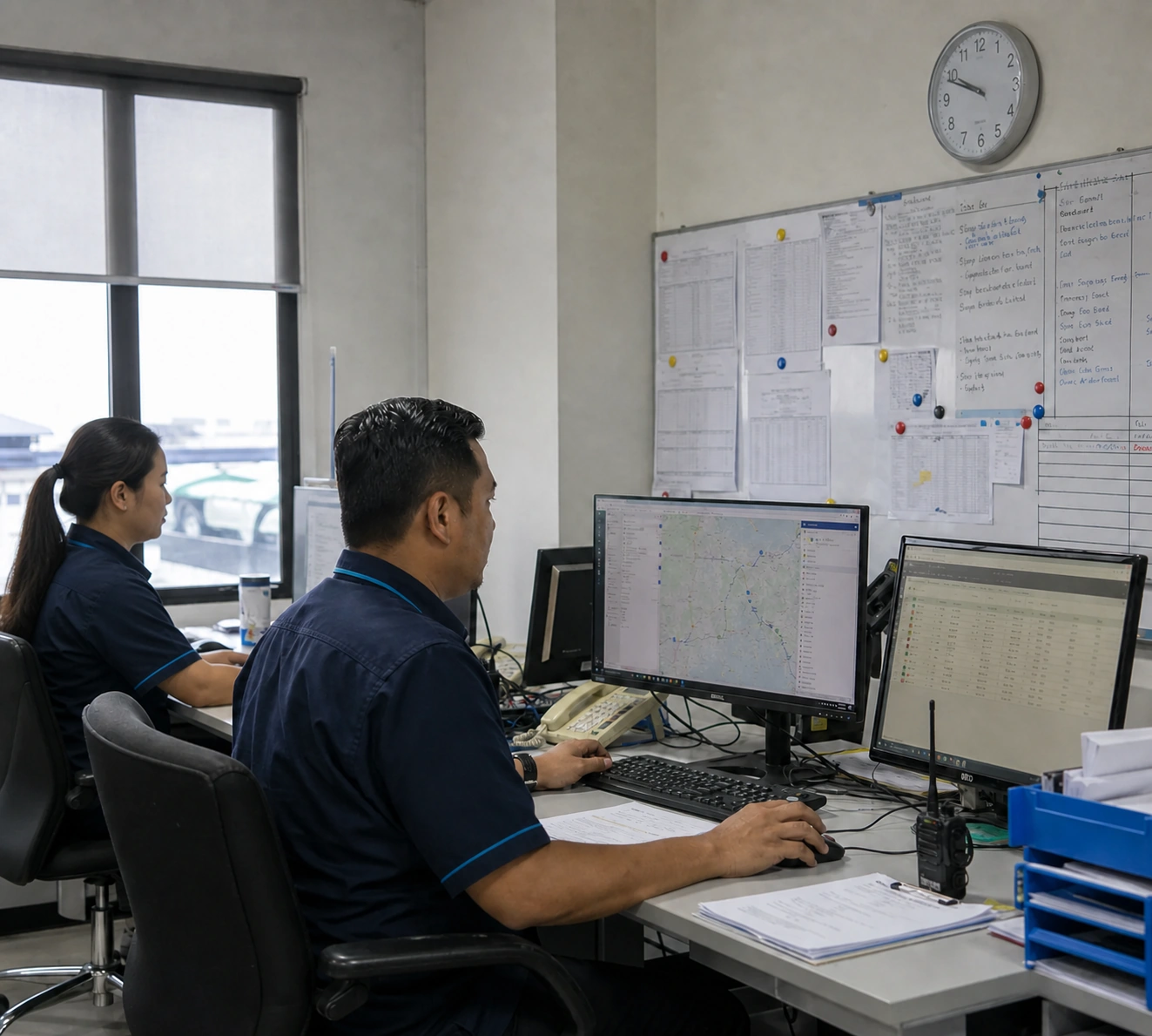 A woman and a man coordinating daily employee shuttle operations