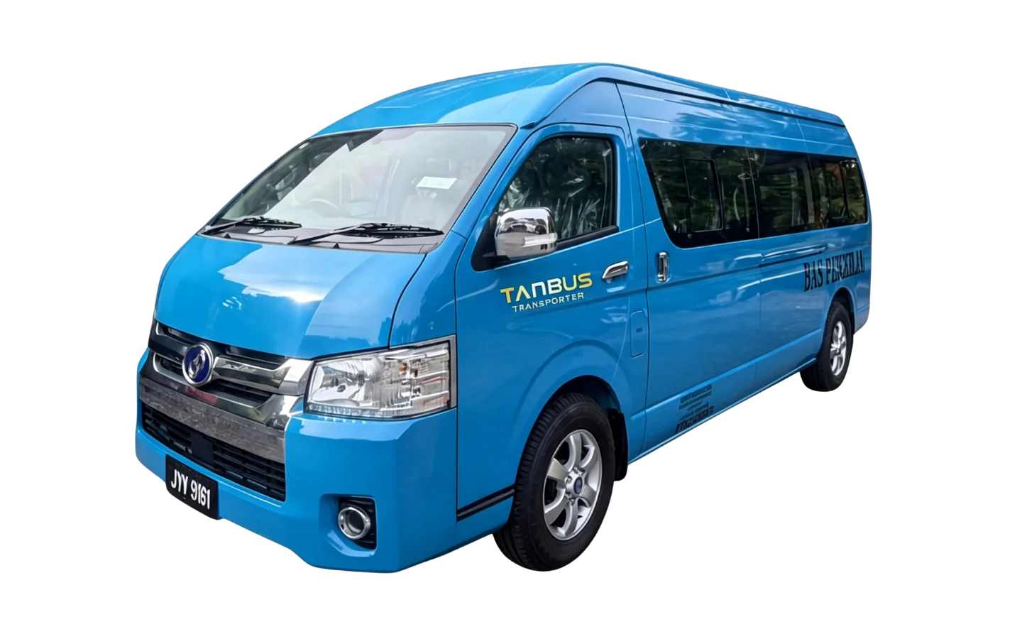 Real 12 seater TANBUS van shown from the front side angle