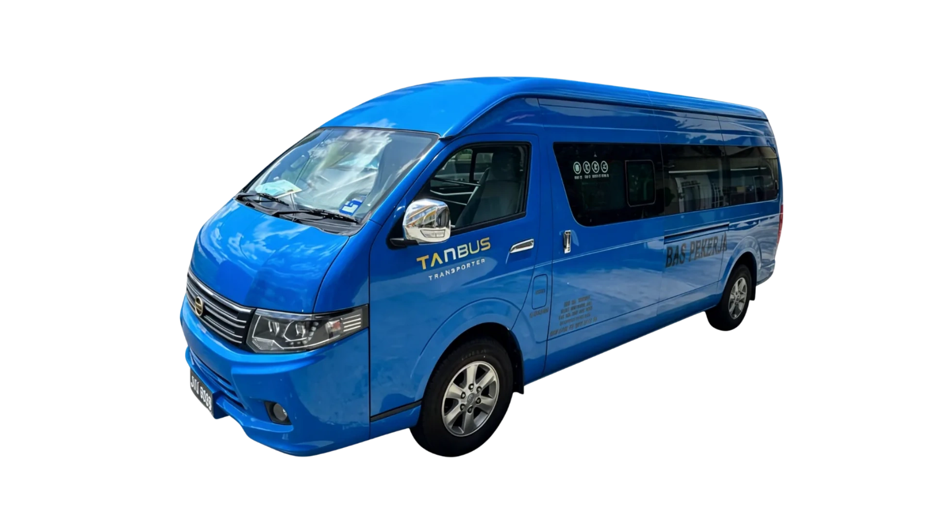 Real 16 seater TANBUS van shown from the front side angle