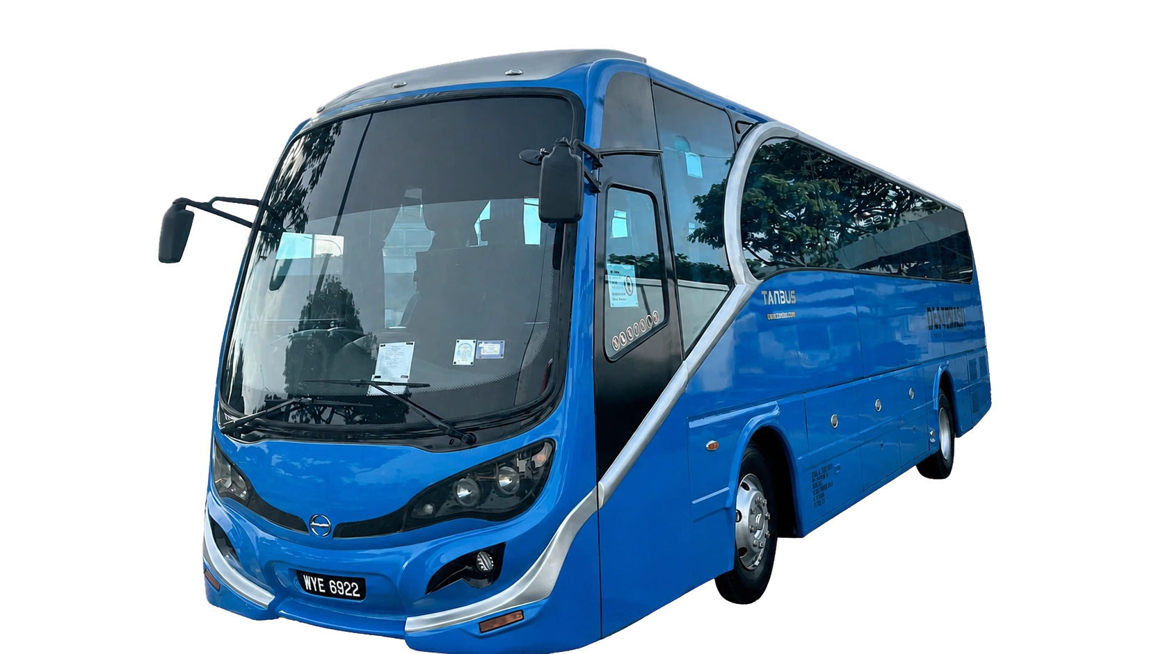 Real 27 seater TANBUS van shown from the front side angle