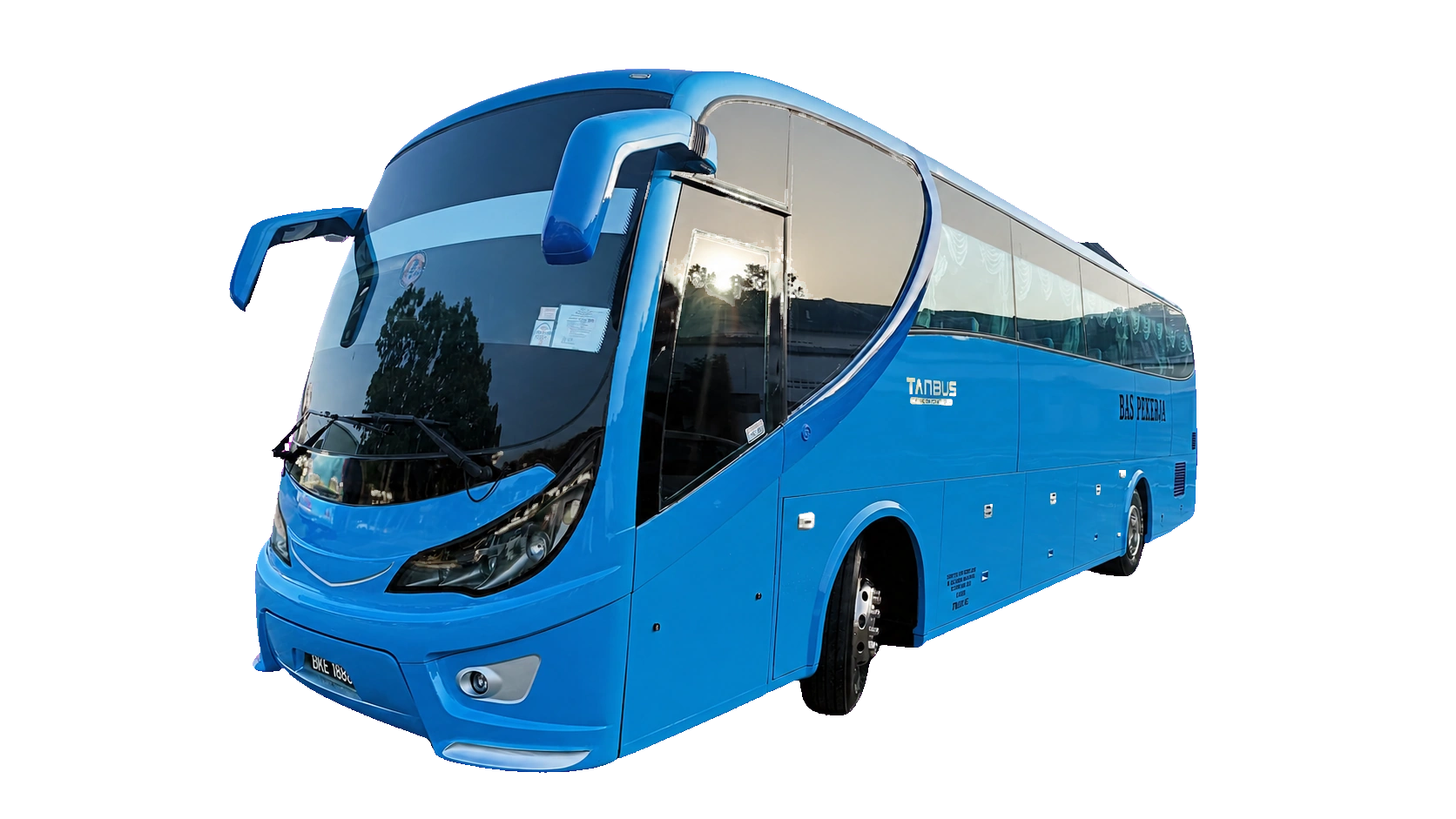 Real 44 seater TANBUS van shown from the front side angle
