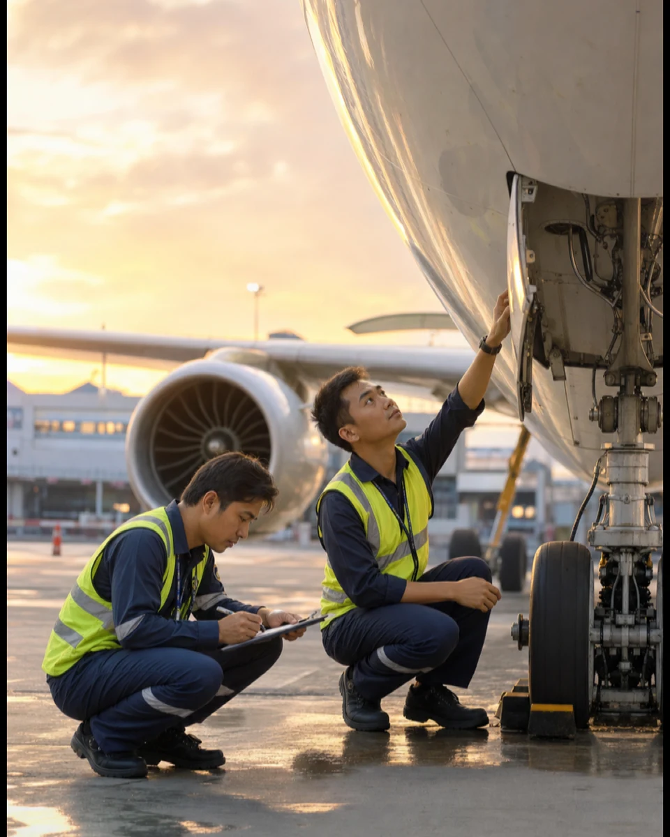 Aircraft maintenance engineers in a hangar