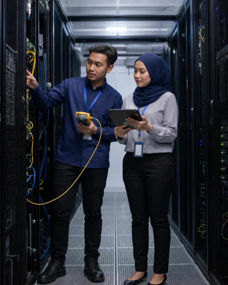 Technician working inside a data centre