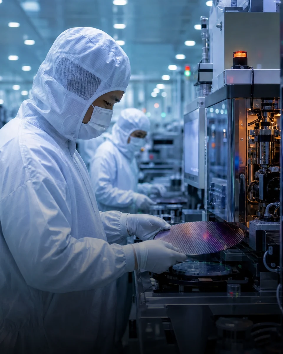 Semiconductor technicians in a cleanroom