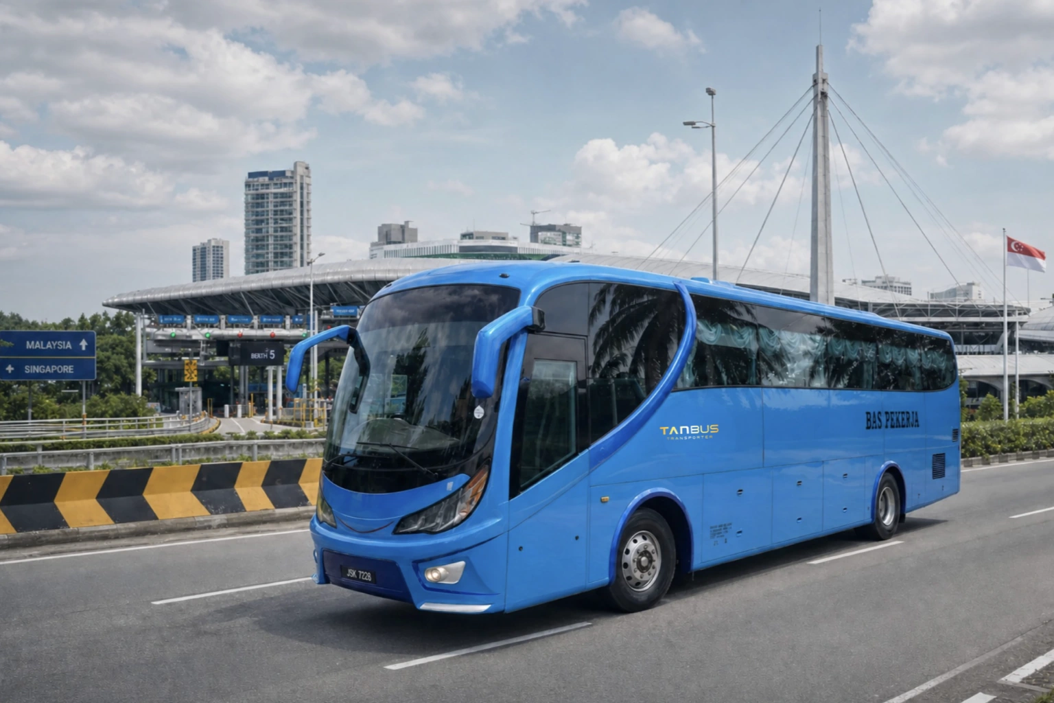 Tan Bus full-size cross-border coach approaching the Malaysia&ndash;Singapore checkpoint
