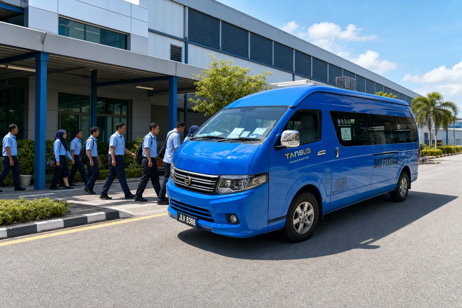 Tan Bus employee shuttle collecting workers at a modern industrial facility